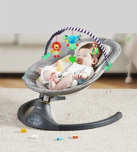 Valdera electric baby rocker control panel with music icons and soft gray fabric seat