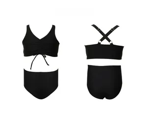 Two-piece black girls' bikini with drawstring top and high-waisted bottoms front and back view