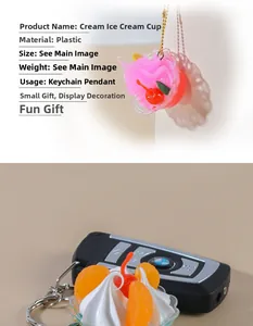 Detailed view of mini ice cream keychains with pink and white sundae dessert charms