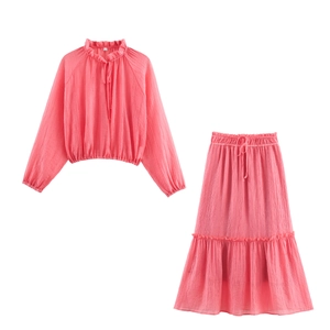 Women Bohemian Pleated Shirt And Tiered Maxi Skirt Ruffle Trim Tie Neck Long Lantern Sleeve Pink Vacation
