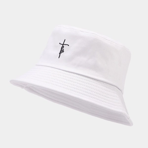 Close-up of white cotton bucket hat with black faith cross embroidery and stitched brim