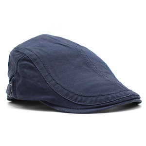 Classic dark blue men's cotton flat cap with metal side buckle and stitched brim