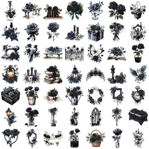50 pieces of waterproof gothic black rose stickers with vintage violin and crown designs