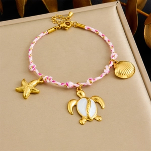 Bohemian Ocean Charms Woven Bracelet Stainless Steel Turtle Starfish Scallop Shell Adjustable Jewelry For Women