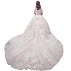 Luxurious off-shoulder starry bridal gown with long train and lace embroidery