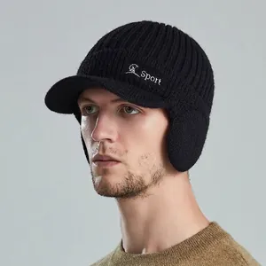 Men's winter knit baseball cap with ear flaps and Sport embroidery in black