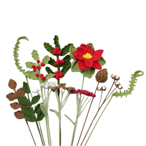 Handmade crochet Christmas flower bouquet with red poinsettia and green leaves