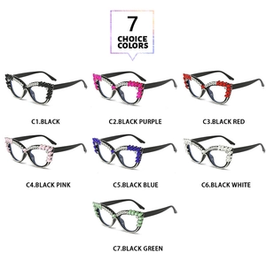 Showcase of seven cat-eye fashion eyewear frames with colorful rhinestone decorations