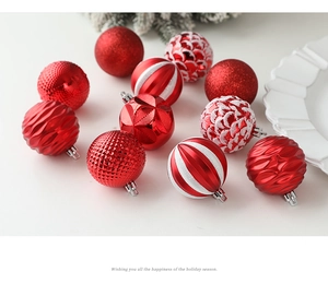 Close-up of 6cm red Christmas ornaments featuring diverse textures and festive glitter patterns
