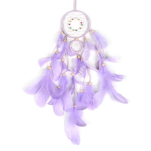 Handmade purple dream catcher wind chime with delicate feathers and wooden beads