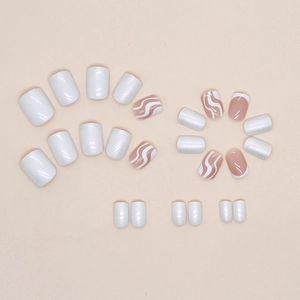Short square aurora white wavy press-on nails set with minimalist french line designs