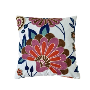 White cotton linen square pillow cover with colorful floral towel embroidery for sofa