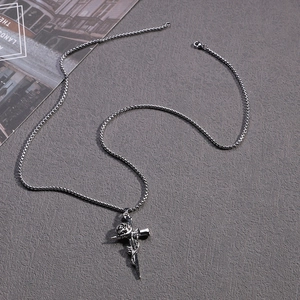 Vintage silver rose cross pendant necklace with box chain for men and women