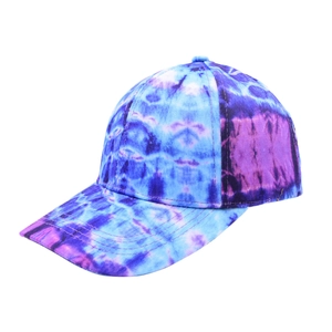 Detail of blue and purple tie-dye baseball cap featuring six-panel crown and curved brim