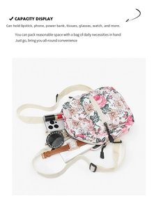 Capacity display showing floral canvas backpack storing phone, watch, and sunglasses
