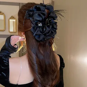 Large Black Satin Bow Hair Claw Clip With Heart Rhinestone And Feather Elegant French Vintage Hair Accessories For Women