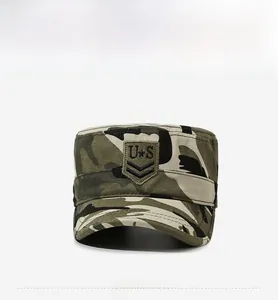 Front view of military cadet hat with woodland camouflage and shield embroidery