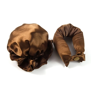 Detail of brown silk heatless hair curler set including sleep cap and buttoned U-shape wrap