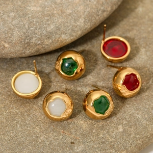 Round Stud Earrings Stainless Steel PVD Gold Plated Hammered Texture Inlaid Resin Retro Sweet Style Jewelry For Women