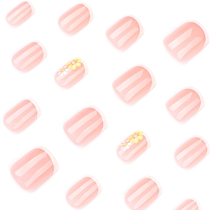 Short square French fake nails with minimalist white tips and yellow daisy floral art