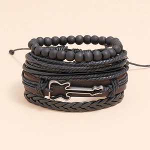 Black multilayer leather bracelet set with wooden beads and a silver guitar metal charm