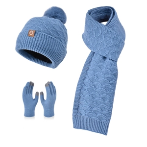 Ensemble hiver femme bleu avec bonnet à pompon, écharpe et gants tactiles tricotés