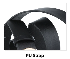Detail of black PU leather belt strap showing fine texture and neat edge oiling finish