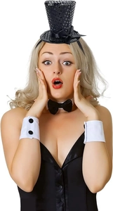 Detail of sequined black mini top hat with bow tie and cuffs for Halloween parties