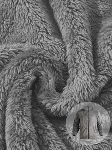 Macro shot of dark grey fleece fabric texture on men's stand collar zip-up jacket