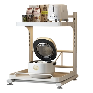 Beige 2-tier pull-out kitchen shelf for microwave and oven with non-slip suction cups