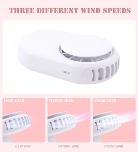 Detailed view of white mini USB fan showing three adjustable wind speed levels for lashes