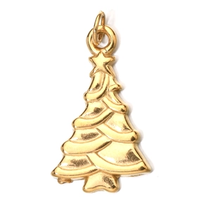 Macro view of a gold stainless steel Christmas tree pendant with top star on white background