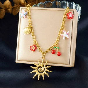 Collier À Breloques En Acier Inoxydable Plaque Or Été Plage Soleil Cerise Étoile De Mer Fleur Coquillage Pour Femme