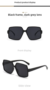 Detail view of oversized black square sunglasses with grey lenses from front and side angles