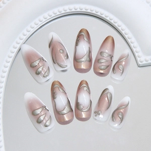 3D metallic abstract pattern press-on nails with nude pink ombre almond shape