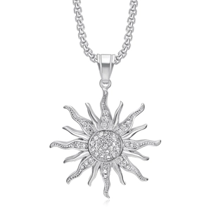 Hip-hop silver sun flower pendant necklace with clear sparkling crystals and metal chain