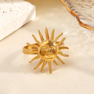 Sun Face Ring 18K Gold Plated Stainless Steel Sun God Relief Open Adjustable Boho Hip Hop Jewelry For Women