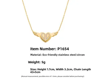 Detailansicht des goldenen Herz-Flügel-Anhängers mit Zirkonia und zweilagiger Kette