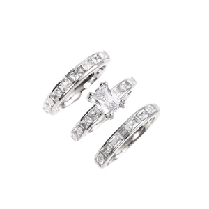 Elegant 3-piece silver zircon ring set featuring a princess cut main stone and pave bands