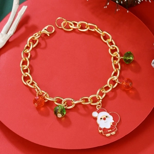 Christmas Santa Claus pendant bracelet with red and green beads on a gold alloy chain
