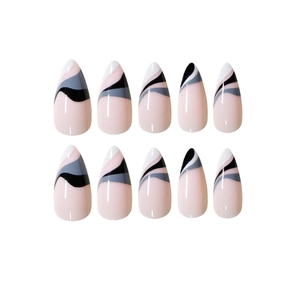 Abstract ink wave patterns on almond-shaped press-on nails with a soft nude pink base