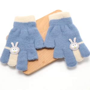 Cute blue and beige knitted gloves for toddlers featuring a fuzzy cartoon bunny patch