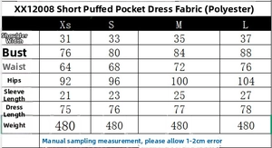 Detailed size chart for short pleated vacation dress with shoulder and bust measurements