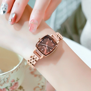 Women's rose gold square watch with brown sunray dial and diamond accents
