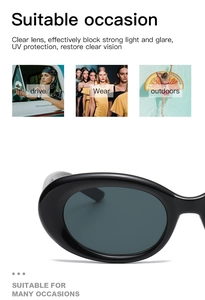 Detail of oval black sunglasses featuring UV protection and anti-glare lenses