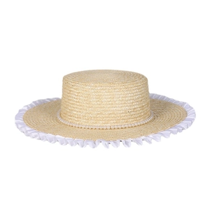 Flat top straw hat with white lace trim and faux pearl band for summer beach holidays