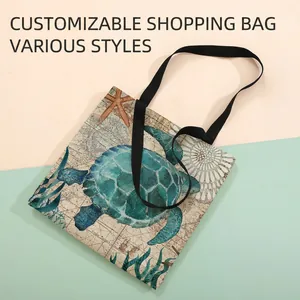 Waterproof linen tote bag with 3D sea turtle and nautical map print design