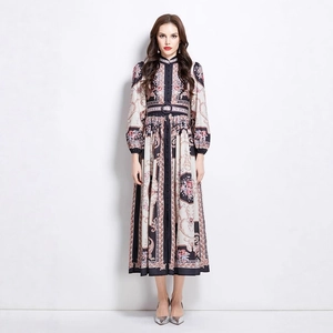 Baroque print maxi dress with stand collar and waist belt in vintage palace style