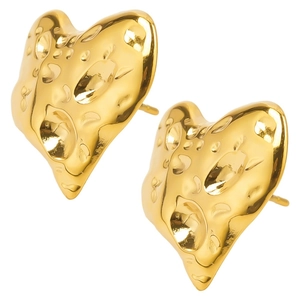 Macro shot of gold heart stud earrings with irregular liquid metal texture and steel pins