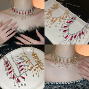 Crystal Tassel Choker Necklace Palace Style Rhinestone Water Drop Pendant Luxury Retro Jewelry For Women